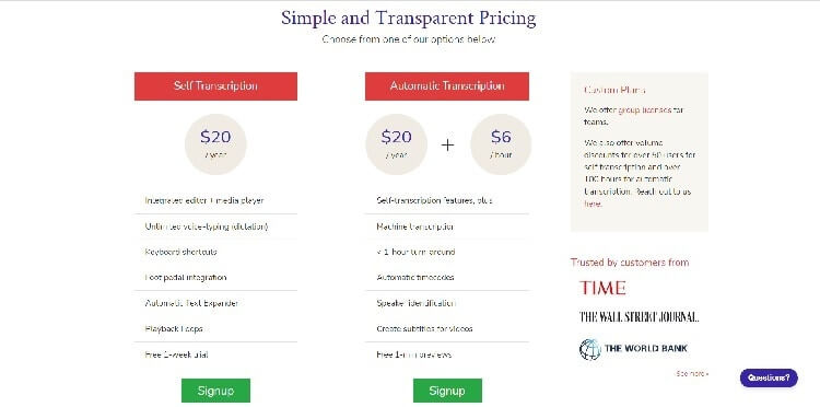 Transcribe Pricing Page