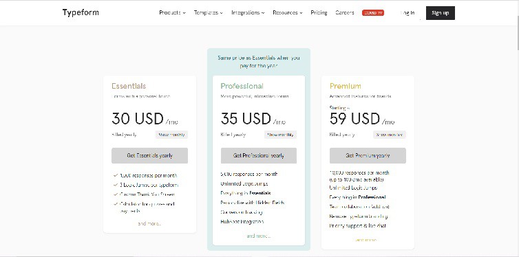 Typeform Pricing Page