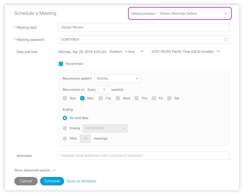 Webex: Schedule Meeting