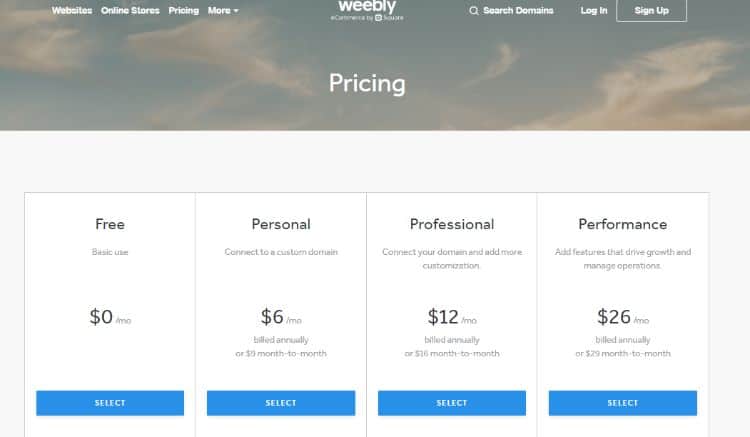 weebly  pricing