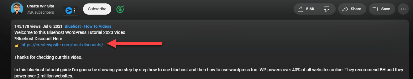 bluehost link in youtube description