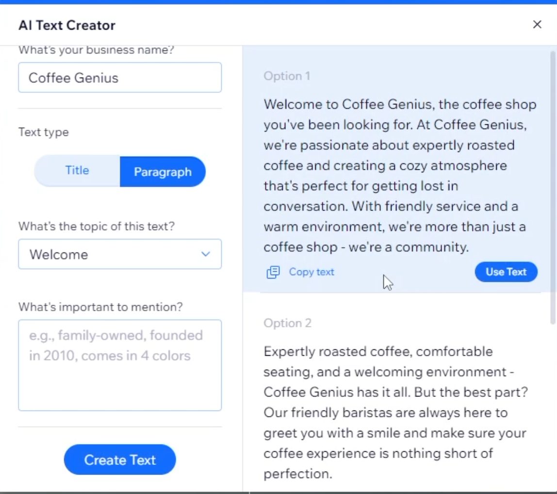 Wix AI text creator