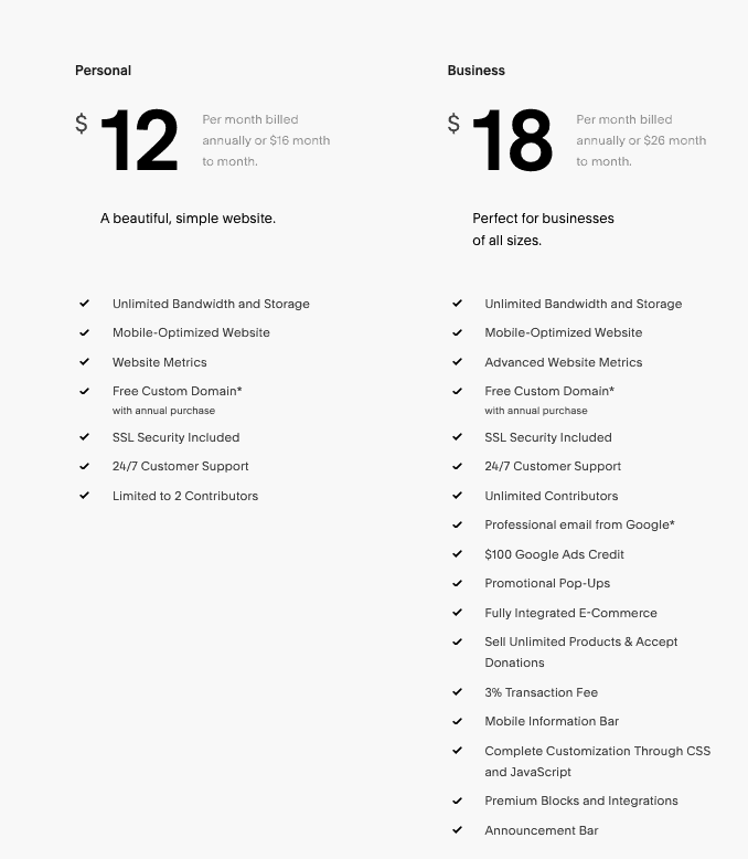 Squarespace Pricing Plans