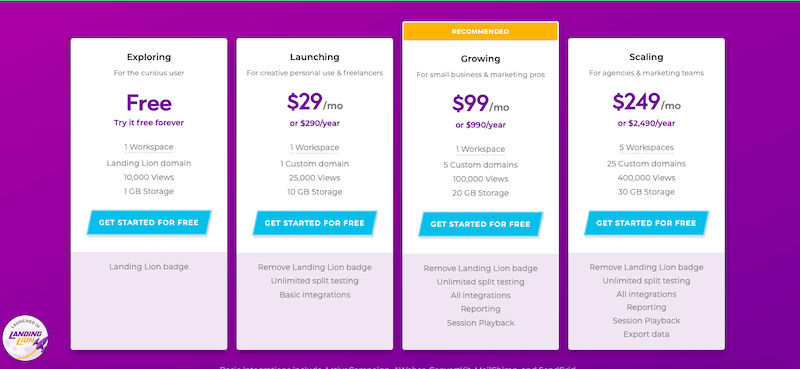 Landing Lion Pricing