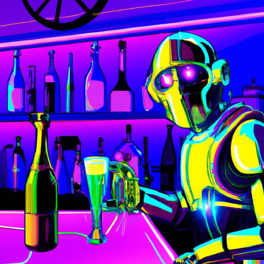 android in a bar drinking champagne