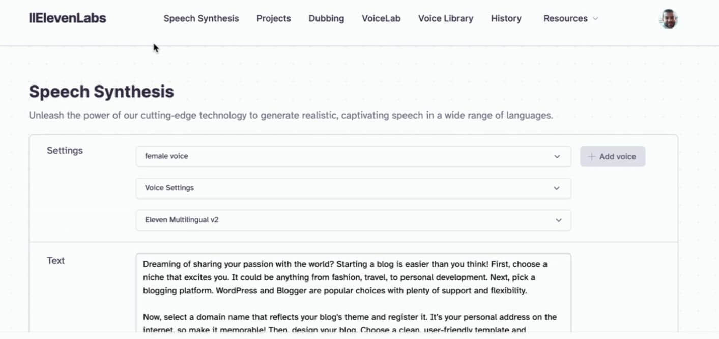 Elevenlabs speech synthesis