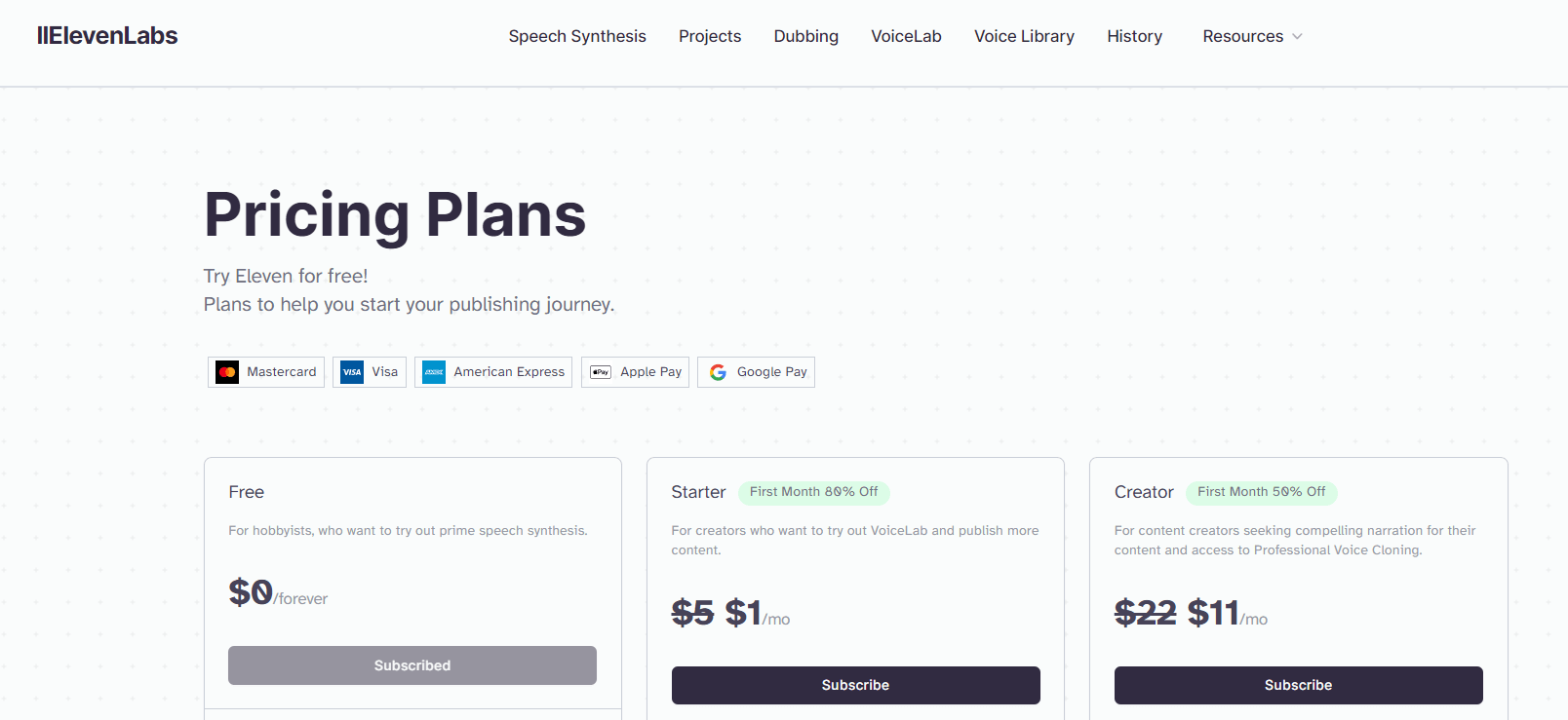 Elevenlabs  pricing plans