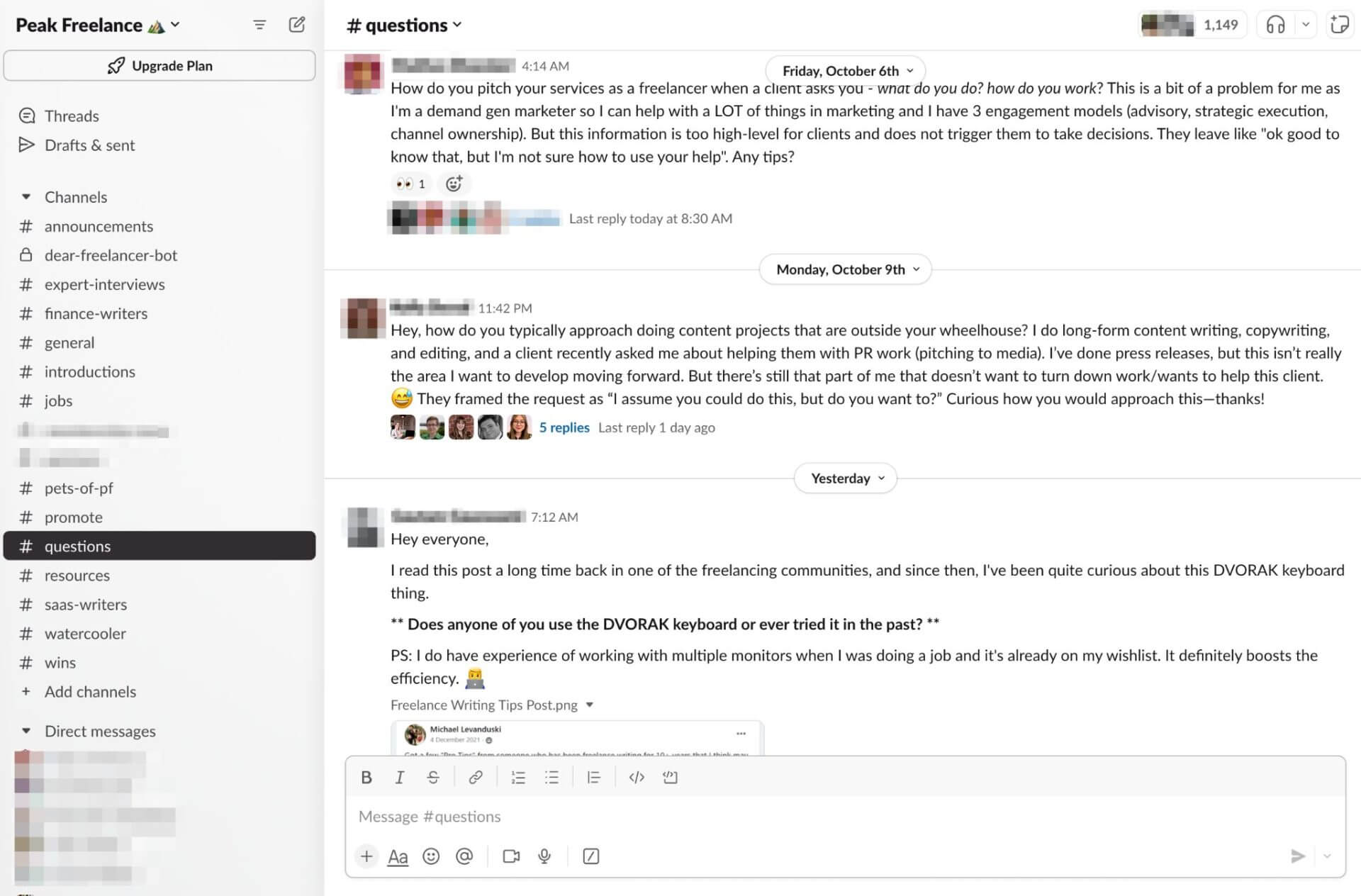 Freelancers can ask questions and interact with each other in the Peak Freelance Slack group.