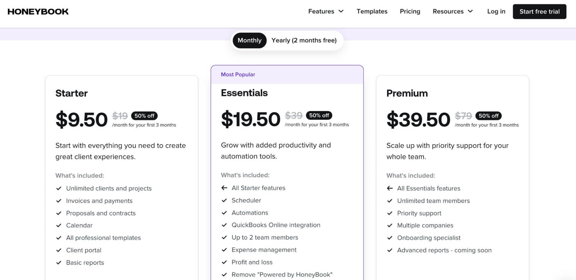 HoneyBook pricing