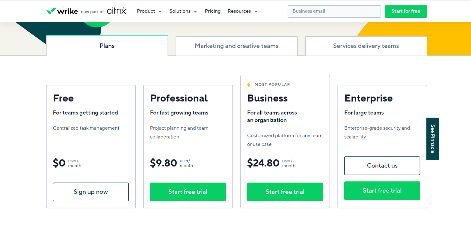 Wrike Pricing Page