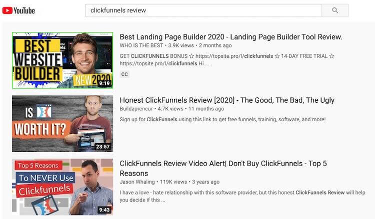 YouTube affiliate marketing example: ClickFunnels review videos