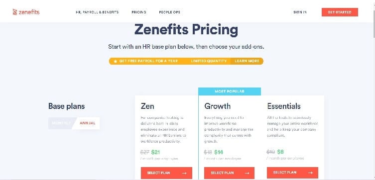 Zenefits Pricing Page