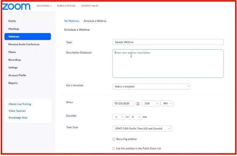 Zoom: schedule a webinar 