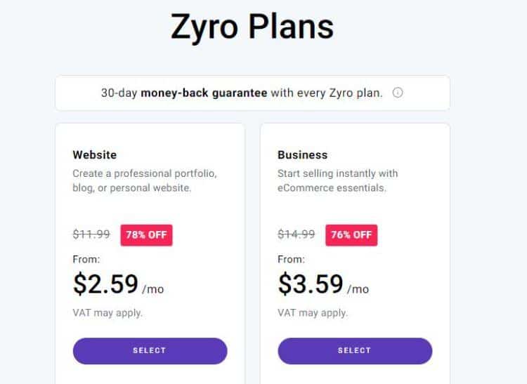 zyro pricing